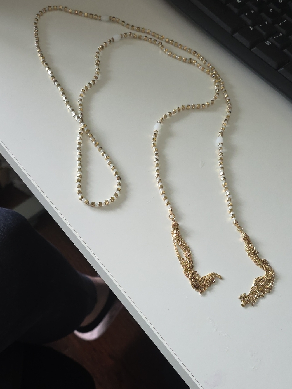 Gold Tone Beaded Tassel Necklace - White and Gold